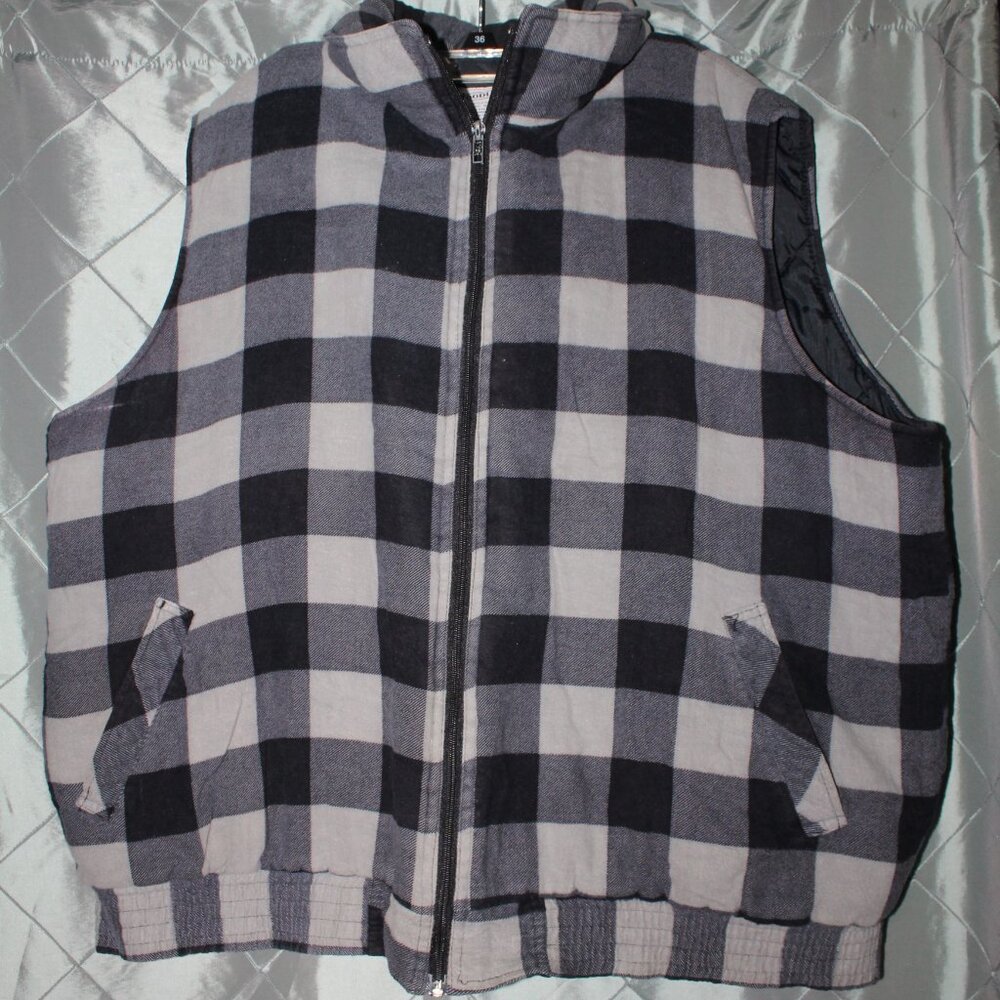 Vtg Woodland Men 2XL Black White‎ Plaid Body Warmer Zip Up Quilted Liner Vest